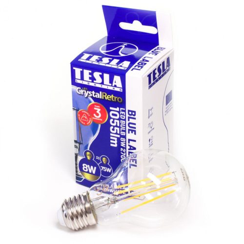 Tesla - LED FILAMENT RETRO izzó, E27, 8W, 230V, 1055lm, 2700K, 360°, szabályozható, clear