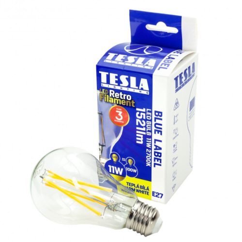 Tesla - LED FILAMENT RETRO izzó, E27, 11W, 230V, 1521lm, 2700K, 360°, clear